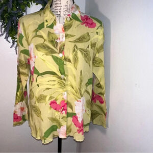 Susan Bristol,M,floral gauzy flare sleeve hem vents etched hem iridescent button